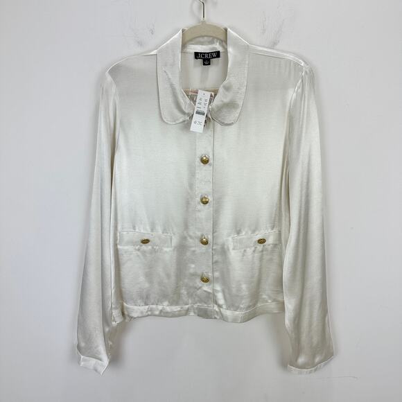 J.Crew Lady Shirt Jacket Luster Crepe Satin Viscose Gold Buttons Ivory Large NWT - Picture 3 of 13